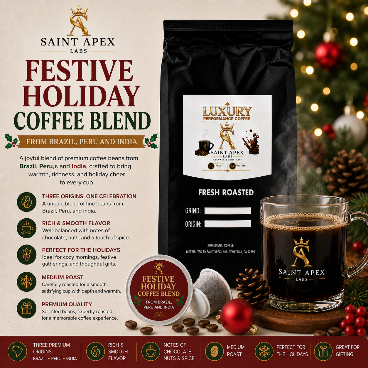 Festive Holiday Coffee Blend From Brazil Peru And India