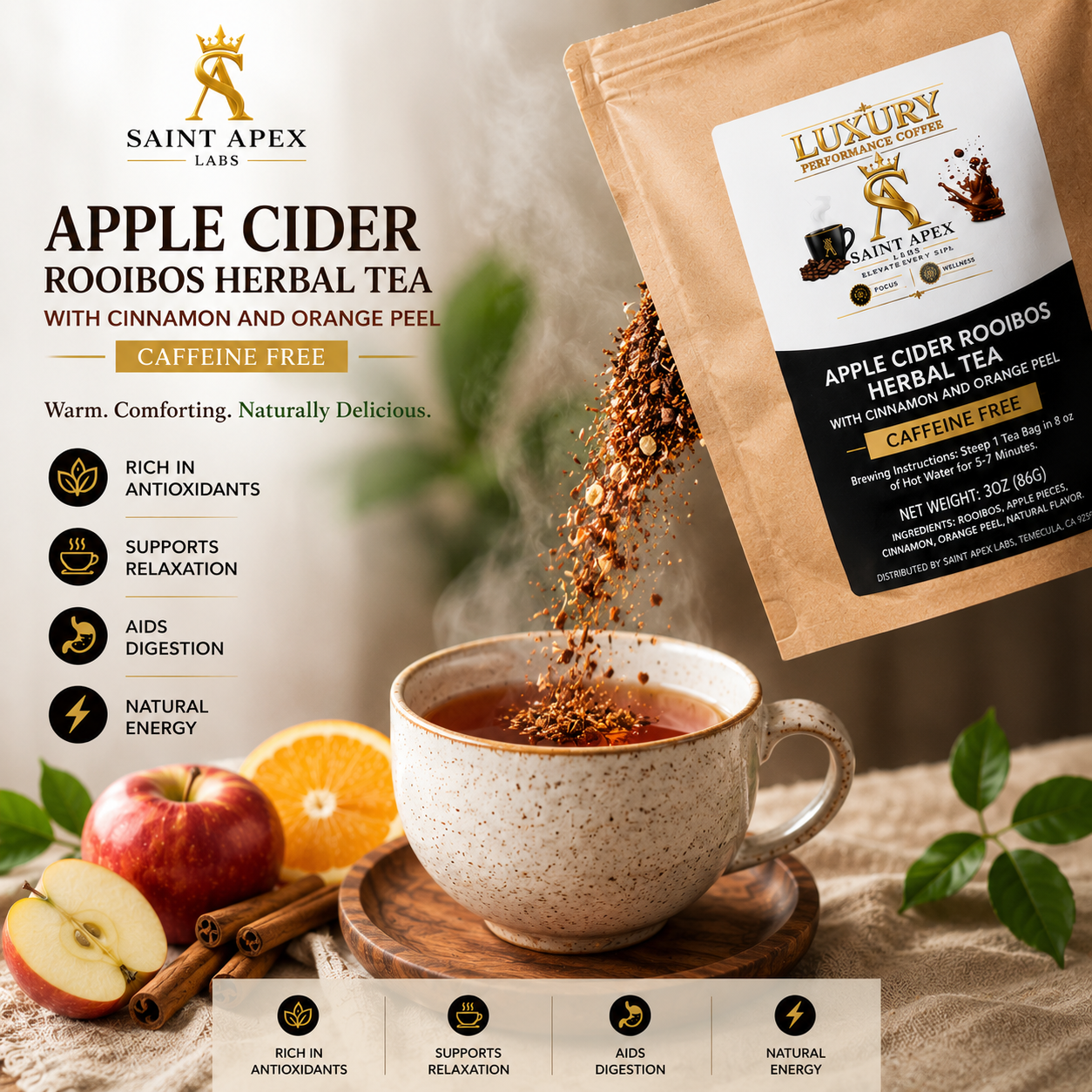 Apple Cider Rooibos Herbal Tea With Cinnamon And Orange Peel Caffeine Free