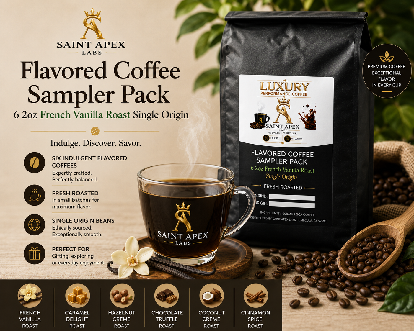 Flavored Coffee Sampler Pack 6 2oz French Vanilla Roast Single Origin