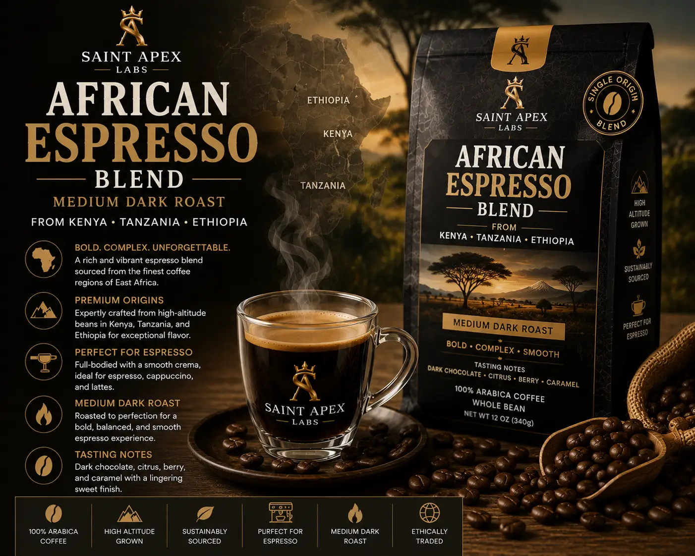 African Espresso Blend Medium Dark Roast From Kenya Tanzania Ethiopia by DRIPSHIPPER