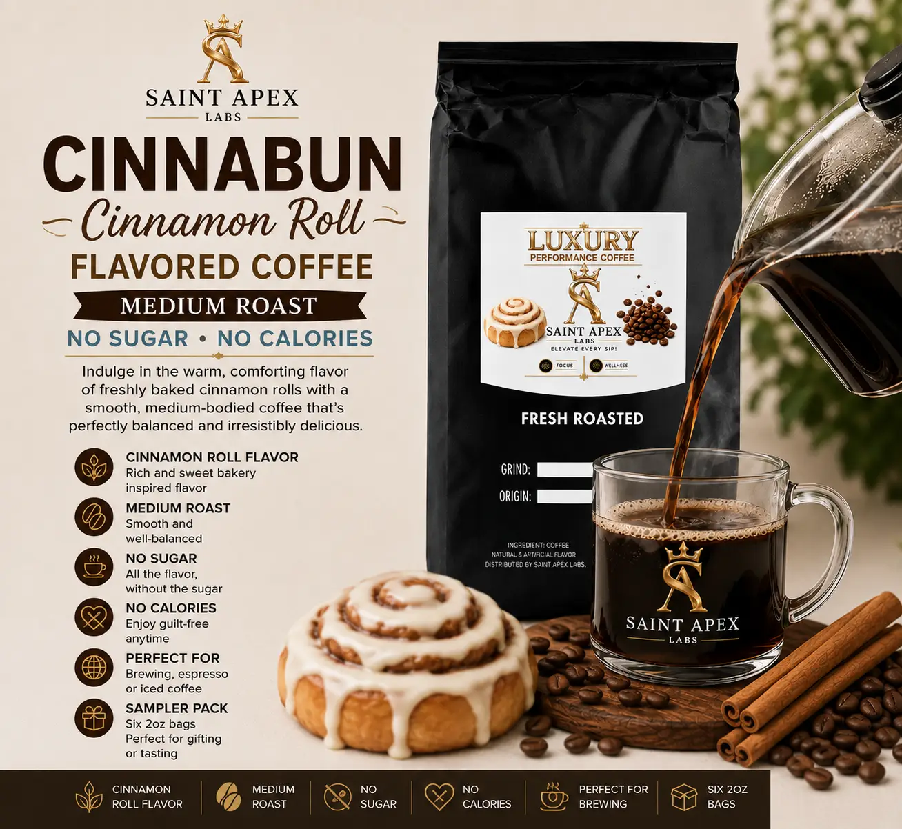 Cinnabun Cinnamon Roll Flavored Coffee Medium Roast No Sugar No Calories by DRIPSHIPPER