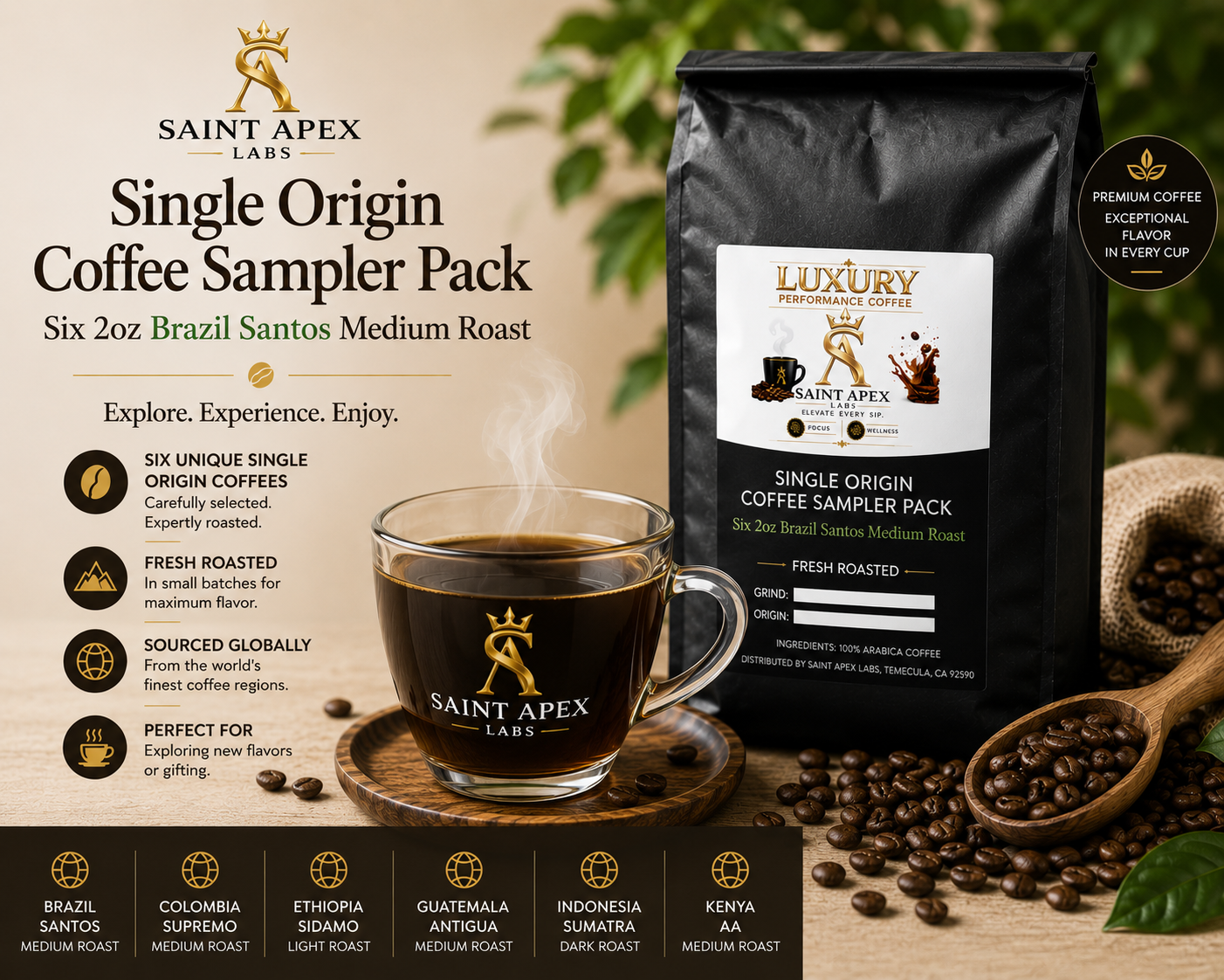 Single Origin Coffee Sampler Pack Six 2oz Brazil Santos Medium Roast