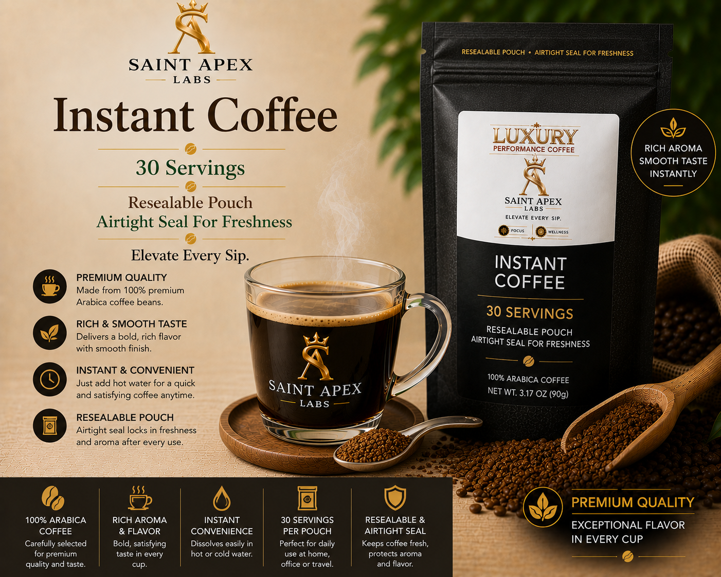 Instant Coffee 30 Servings Resealable Pouch Airtight Seal For Freshness