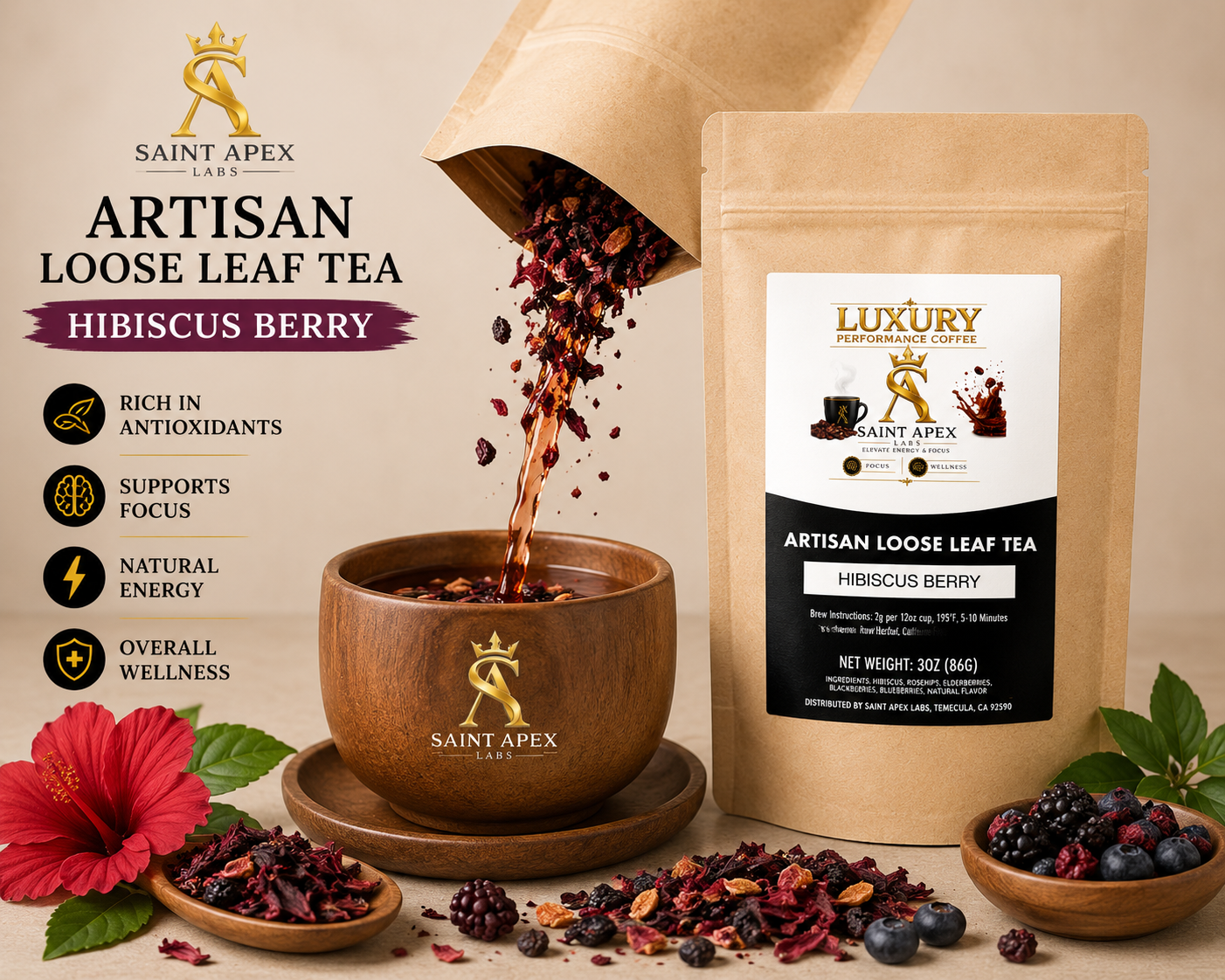 Organic Hibiscus Berry Tea Flavored With Blueberry Mango Passionfruit Rooibos