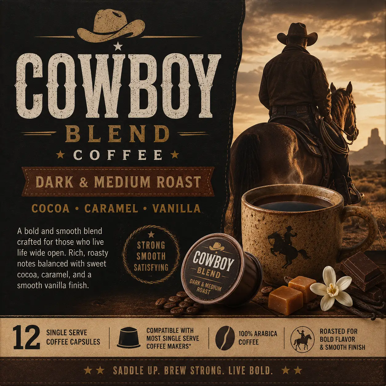 Cowboy Blend Coffee Dark And Medium Roast With Cocoa Caramel Vanilla by DRIPSHIPPER